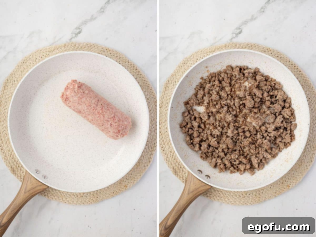 Sausage being cooked in a skillet.