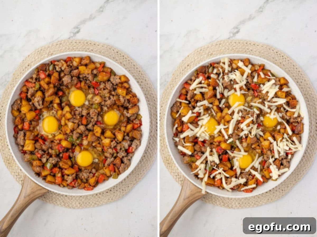 Sausage and veggies cooking in a skillet.