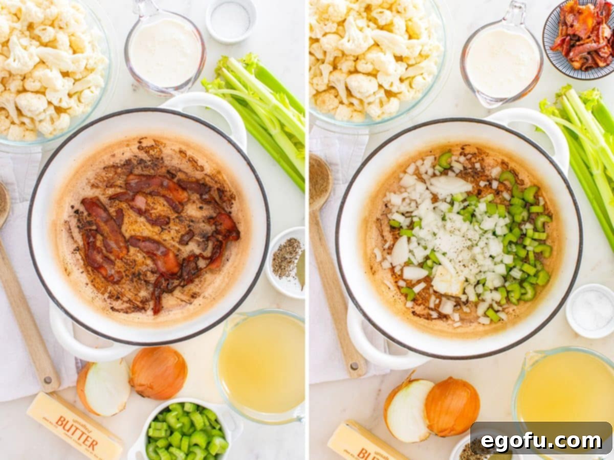 Bacon and chopped vegetables being cooked in a pot for Loaded Cauliflower Soup.
