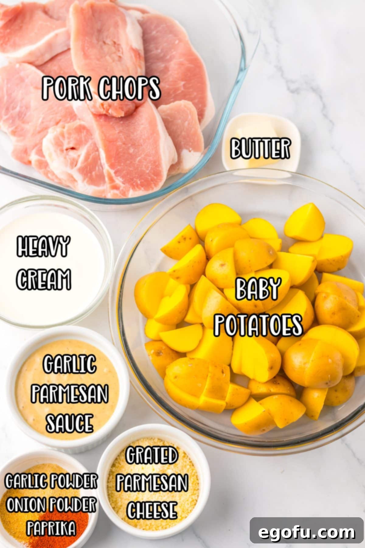 Baby potatoes, pork chops, heavy cream, garlic Parmesan sauce, grated parmesan, parsley, garlic powder, onion powder, paprika, butter, and Buffalo Wild Wings garlic parmesan sauce.