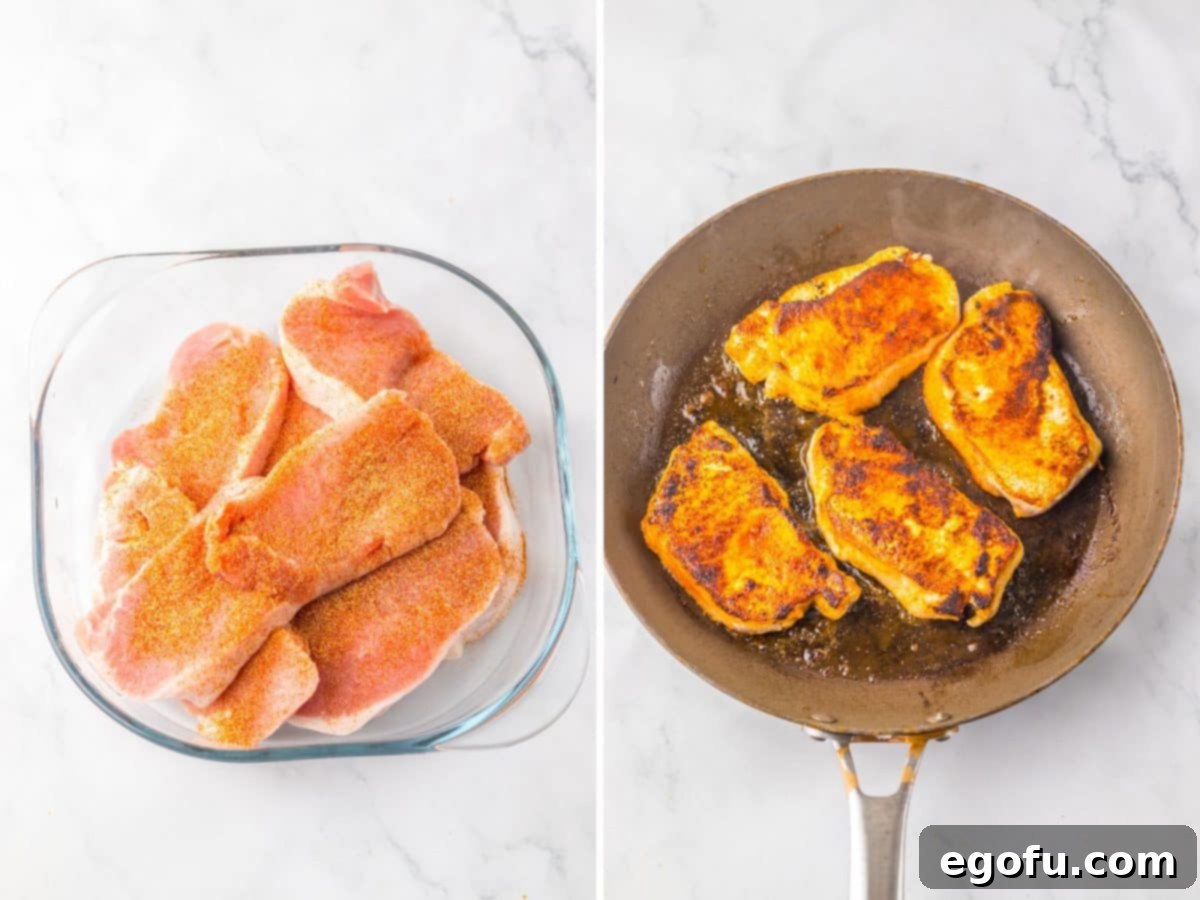 Seasoned pork chops in a bowl and pork chops cooking in a skillet.