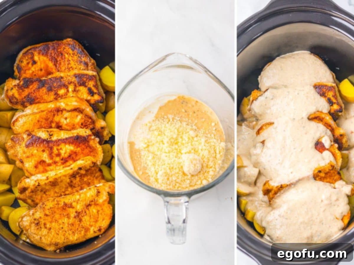 Pork chops with potatoes in a Crock Pot, sauce being made, and poured over pork chops and potatoes in a Slow Cooker.