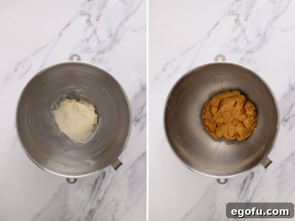Powdered sugar and cream cheese mixture in a bowl, with pumpkin puree and graham cracker crumbs mixed together in another bowl, showing the truffle filling in progress.