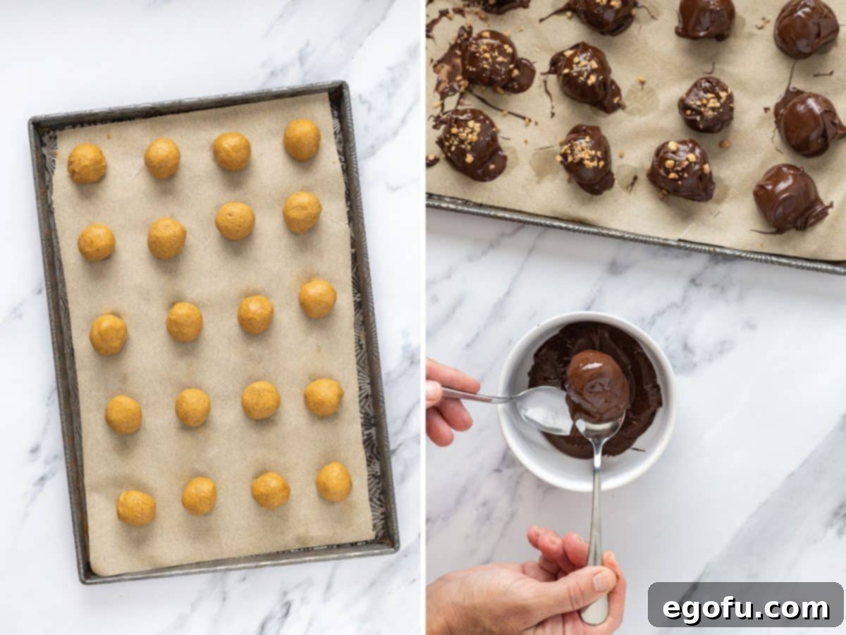 Truffle balls on a baking sheet, and some being carefully dipped in melted chocolate, ready for coating.