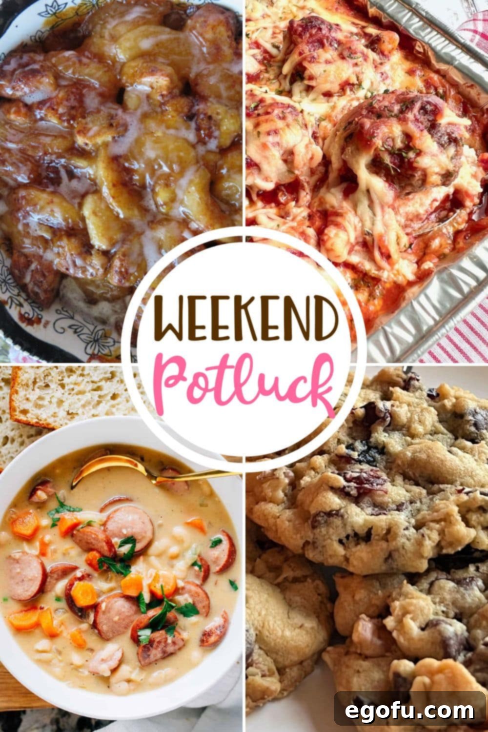 A vibrant collage of featured recipes: Apple Cinnamon Roll Bake, Baked Ziti with Meatballs, Creamy Kielbasa and Bean Soup, and Cranberry Walnut Oatmeal Chocolate Chip Cookies.