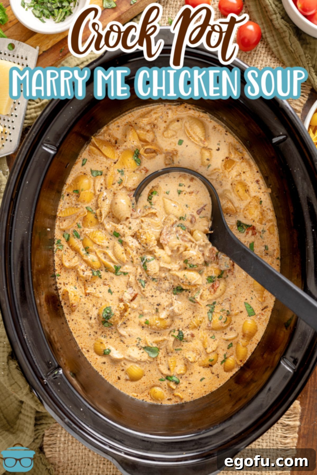 A ladle in a Slow Cooker full of Marry Me Chicken Soup.