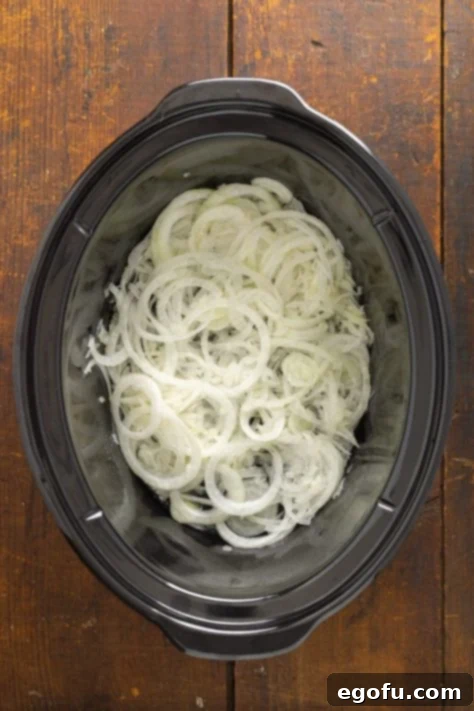 Crock Pot with sliced onions.