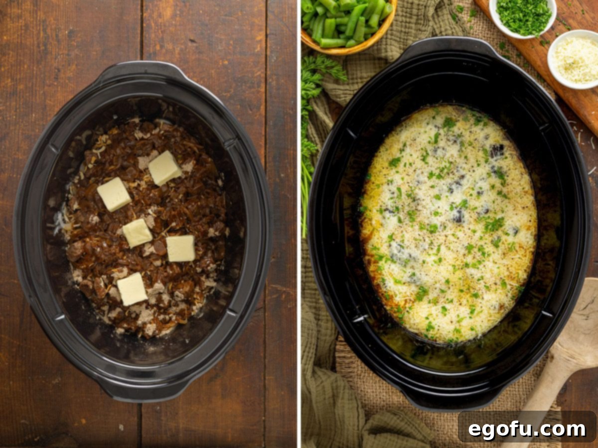 Pads of butter with onions, seasonings and beef in a Crock Pot with melted cheese on top. 