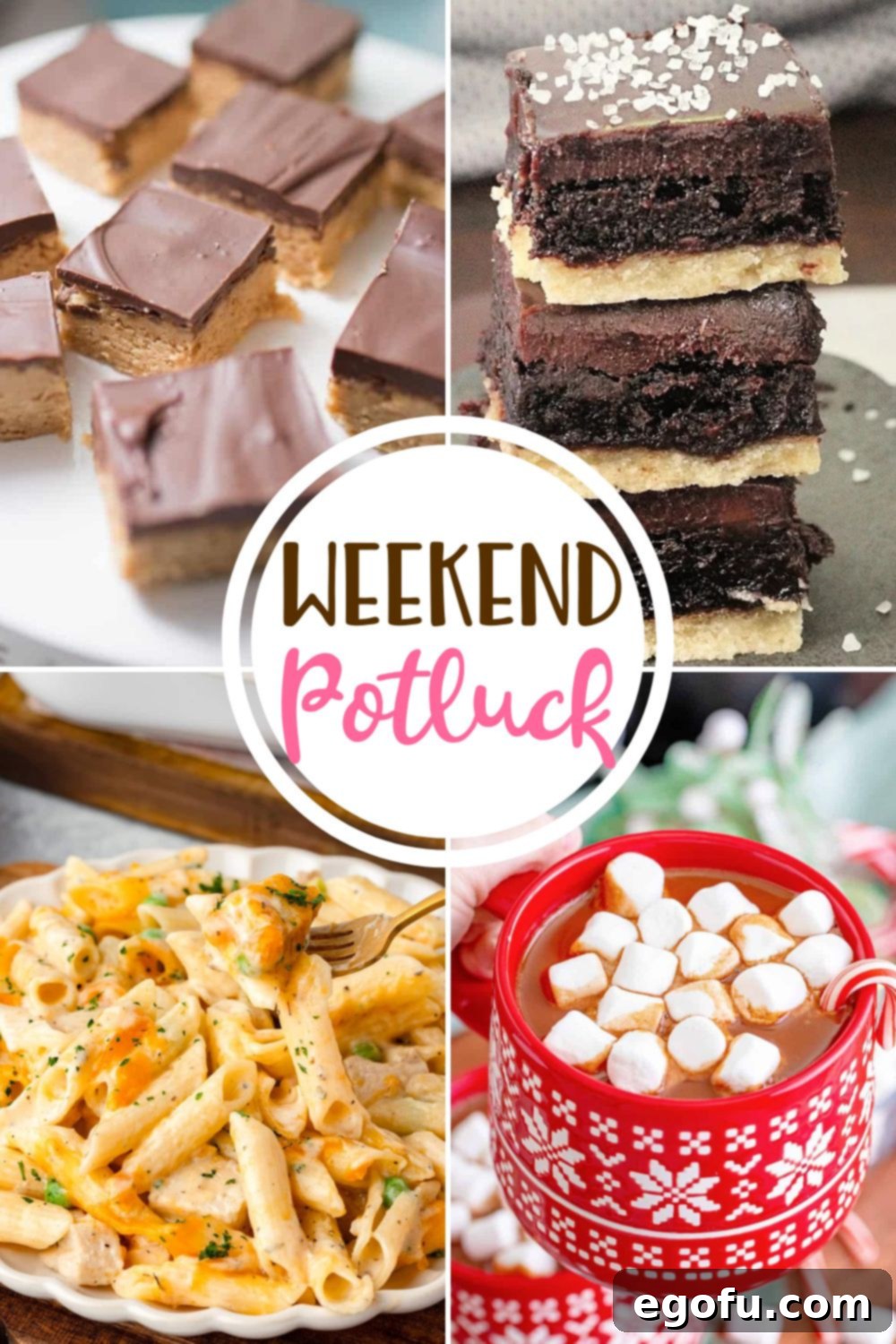 Weekend Potluck featured recipes: Buckeye Bars, Chicken Pasta Bake, Golden Gate Bars, and Crock Pot Hot Chocolate. A collage of delicious, easy-to-make dishes perfect for sharing.