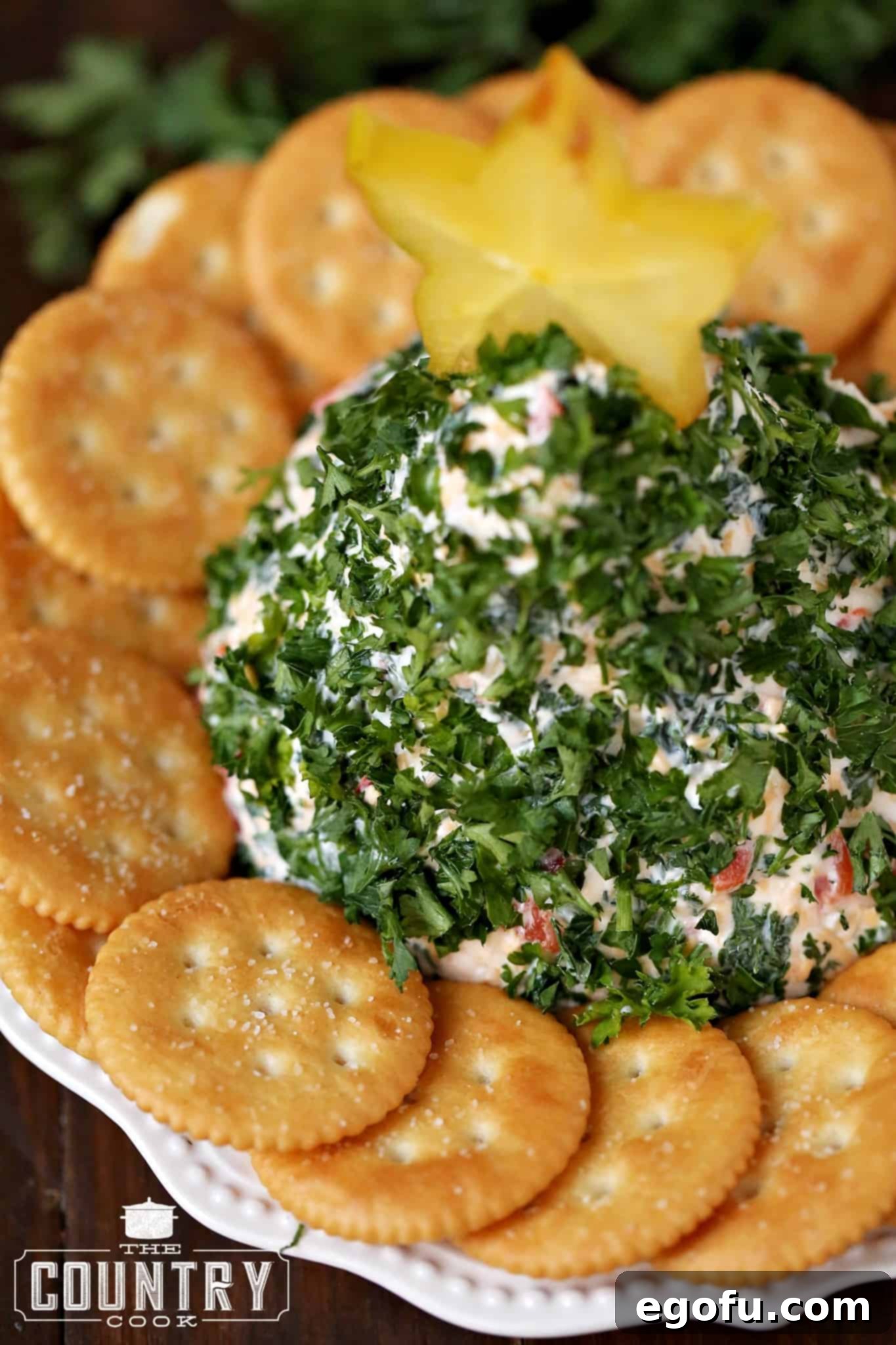 overhead photos of a Christmas shaped cheeseball surrounded by butter cookies.