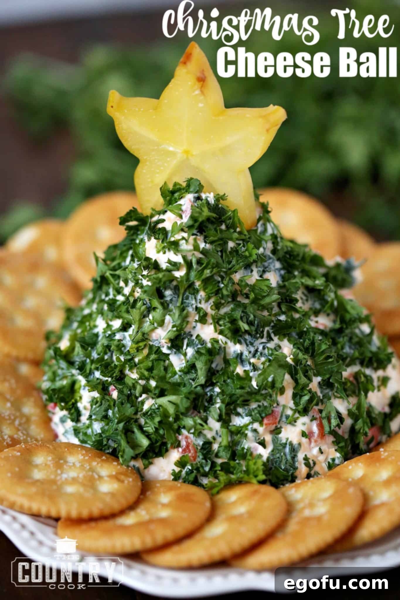 Christmas Tree-Shaped Cheese Ball covered in parsley and topped with a slice of star fruit.