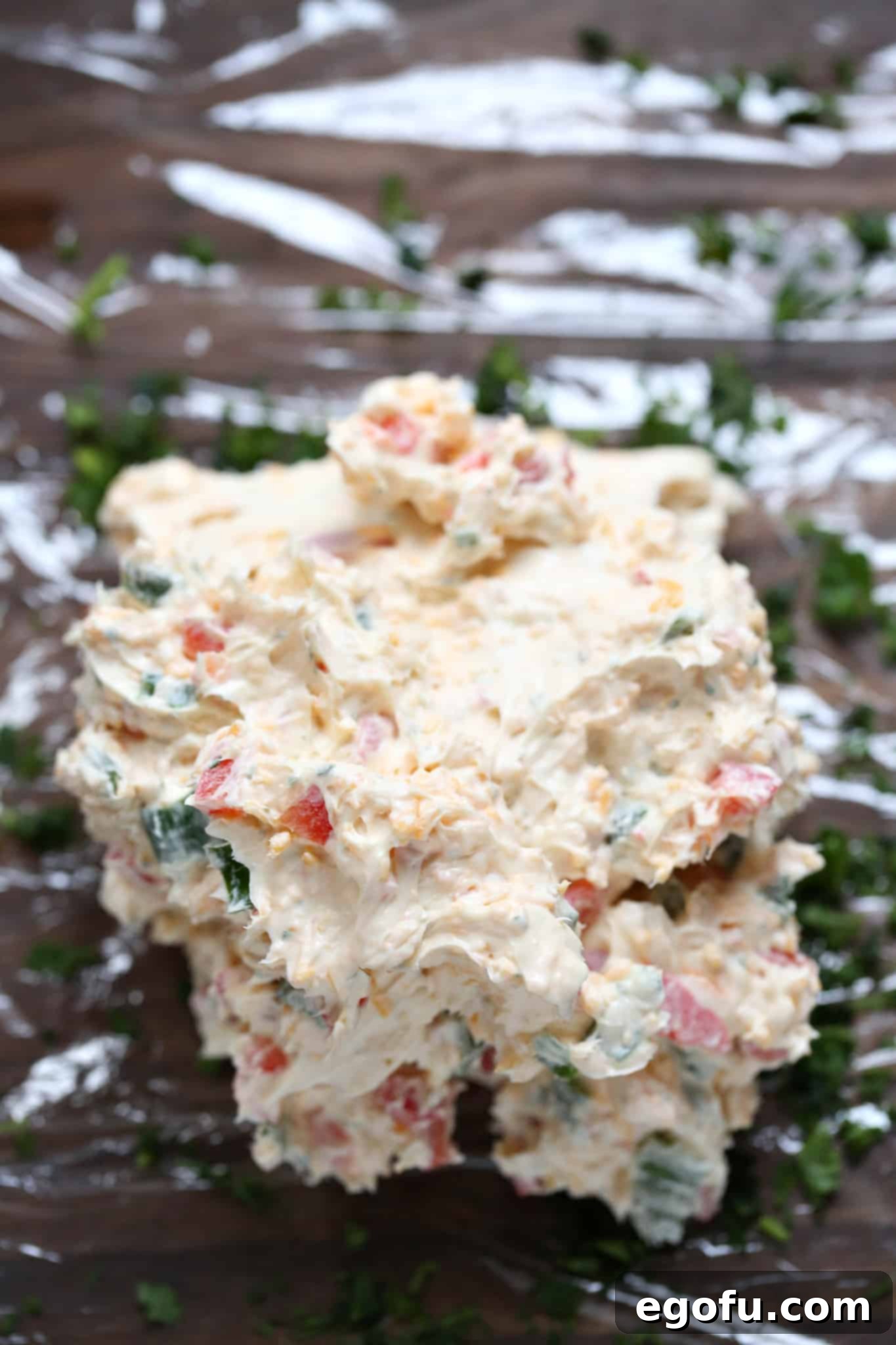 cream cheese mixture laid on top of the parsley. 