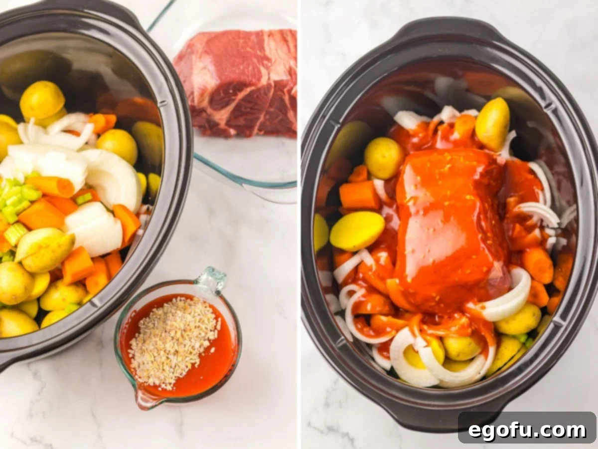 Dressing being mixed in a cup and then poured over a chuck roast sitting on onions, carrots, celery, and potatoes. 