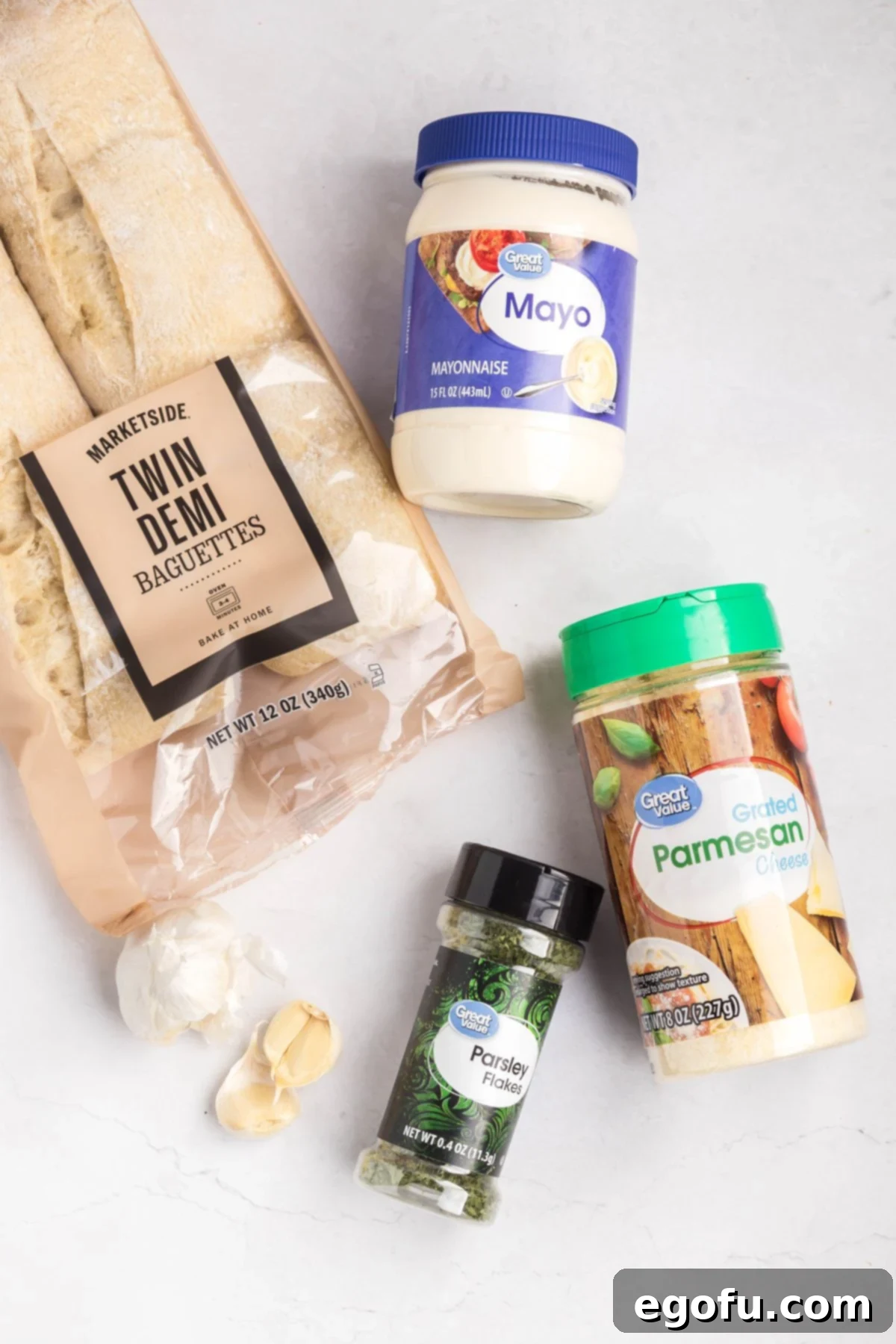 Baguettes, Parmesan cheese, mayo, parsley, and garlic.