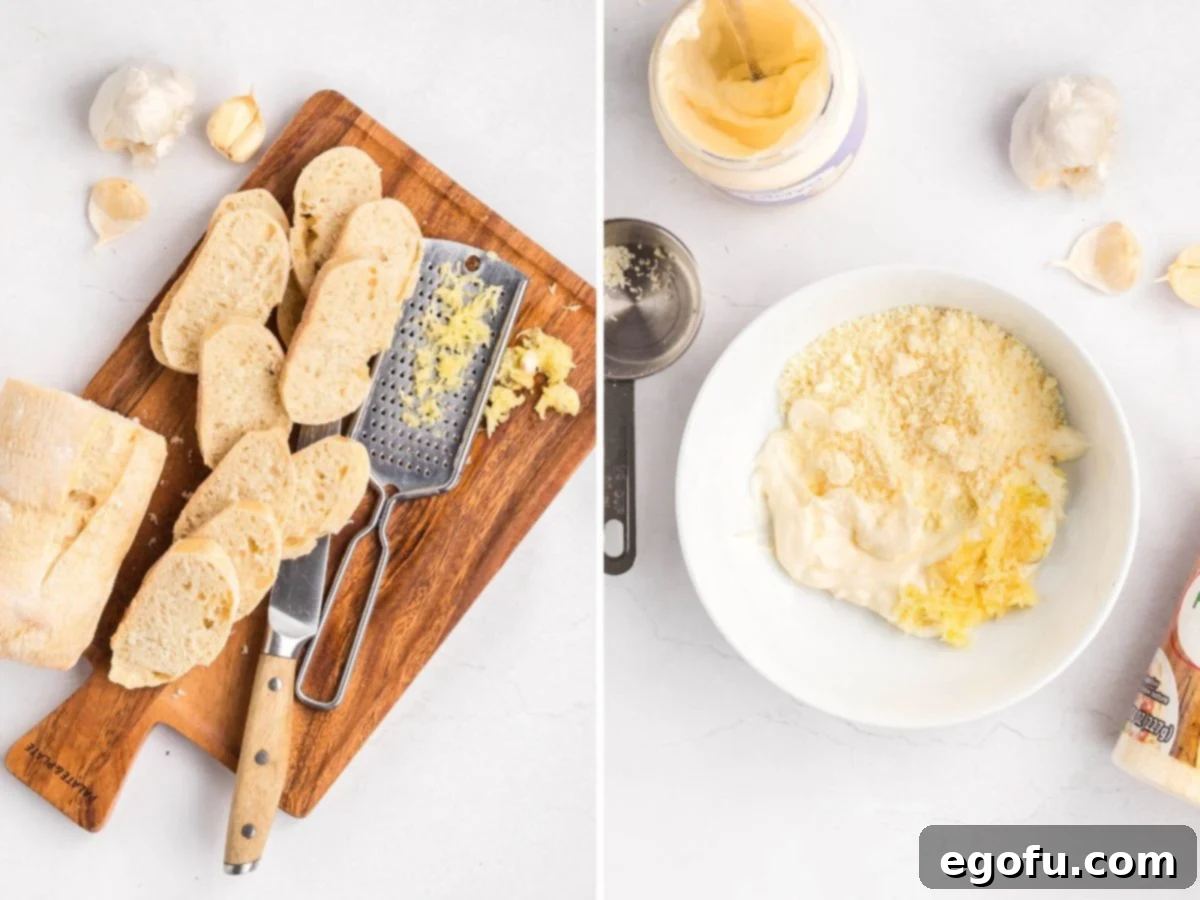 A baguette being sliced and a mayo sauce mixture being mixed in a bowl.