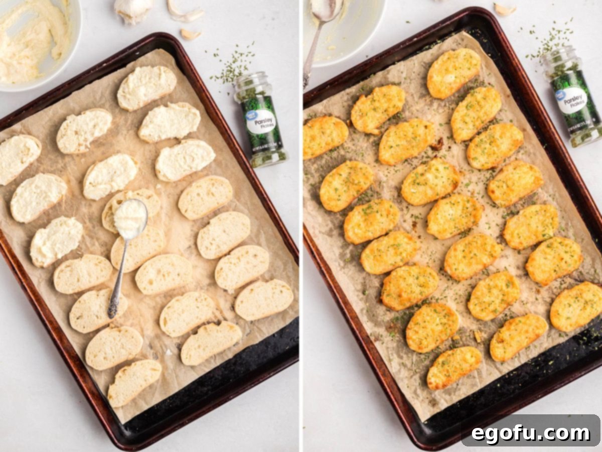 A mayo mixture being spread over baguette slices and baked Party Puffs on a lined baking sheet.