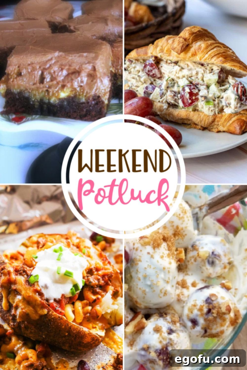 Potluck Perfection German Chocolate Brownies 2 Weekend Potluck featured recipes include: German Chocolate Brownies, Chicken Salad Croissant Sandwiches, Chili Stuffed Baked Potatoes and Grape Salad! Discover the best potluck dishes from top food bloggers.