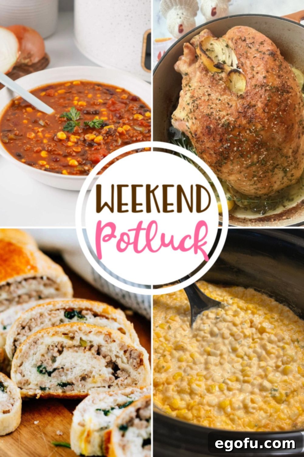Weekend Potluck featured recipes including: hearty Crock Pot Cowboy Soup, savory Sausage Bread, tender Dutch Oven Turkey Breast and creamy Slow Cooker Cheesy Cheddar Creamed Corn – perfect for a family meal or gathering.