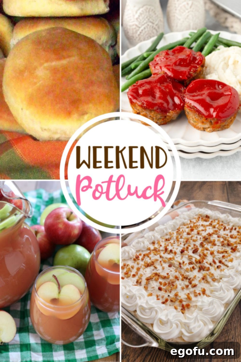 A mouth-watering spread of Weekend Potluck featured recipes including Mom's Heavenly Rolls, savory Mini Meatloaf Muffins, refreshing Autumn Harvest Punch, and a decadent Pecan Cream Deep Dish Pie. A true feast of comfort food awaiting your discovery!
