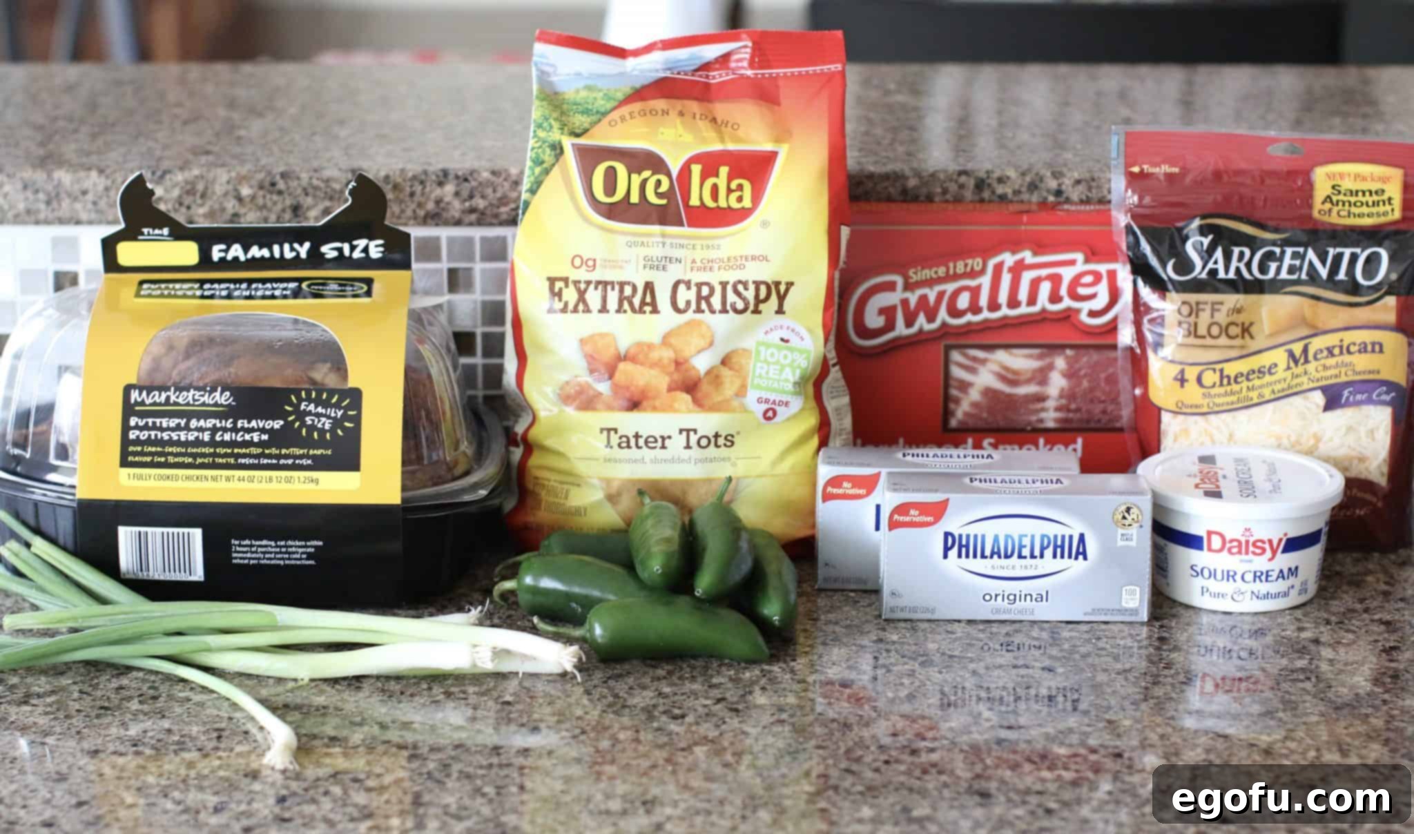 tater tots, cream cheese, sour cream, garlic salt, black pepper, Mexican shredded cheese, green onions, jalapeño pepper, bacon, rotisserie chicken.