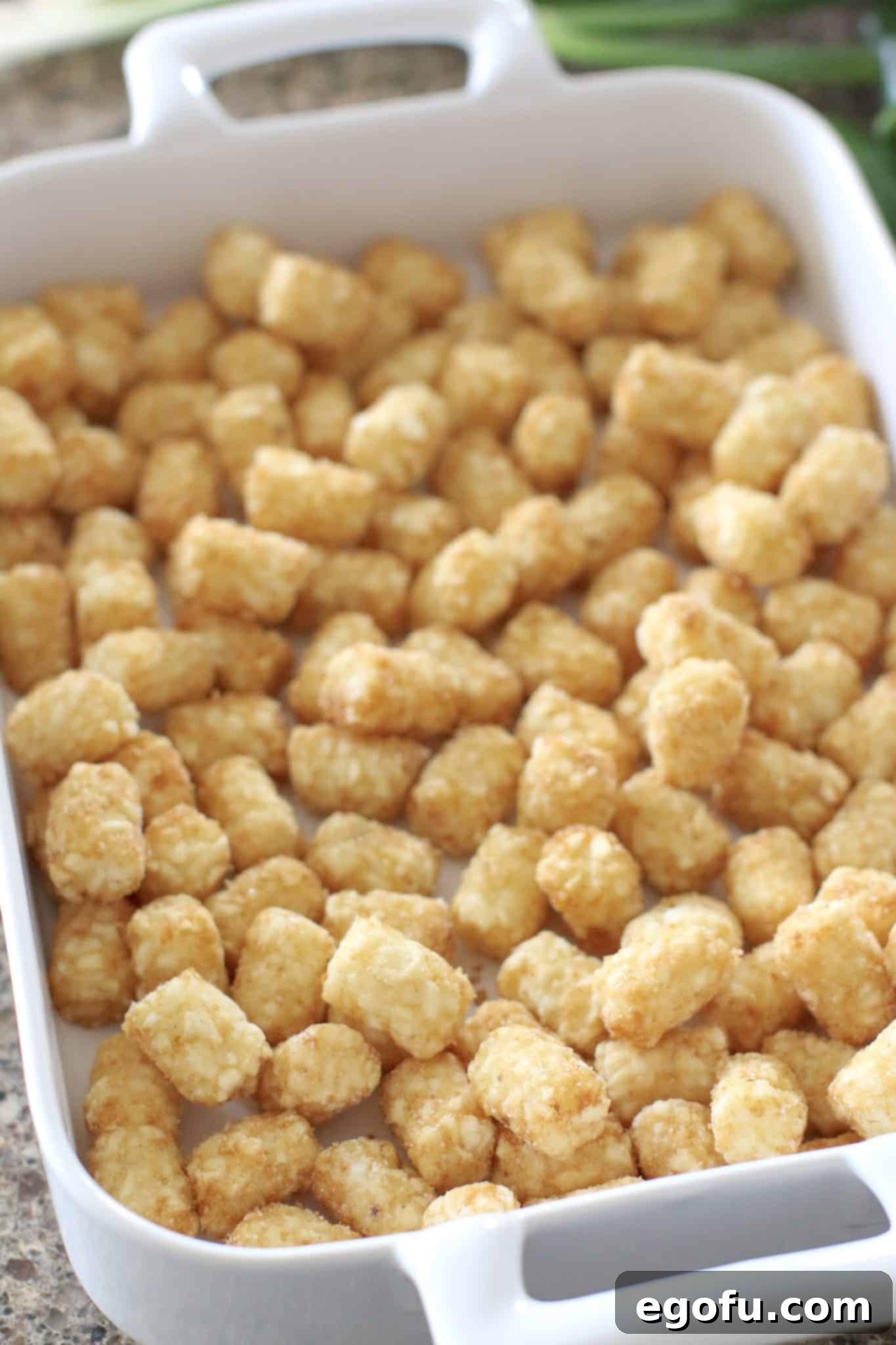 frozen tater tots layered in the bottom of a casserole dish.