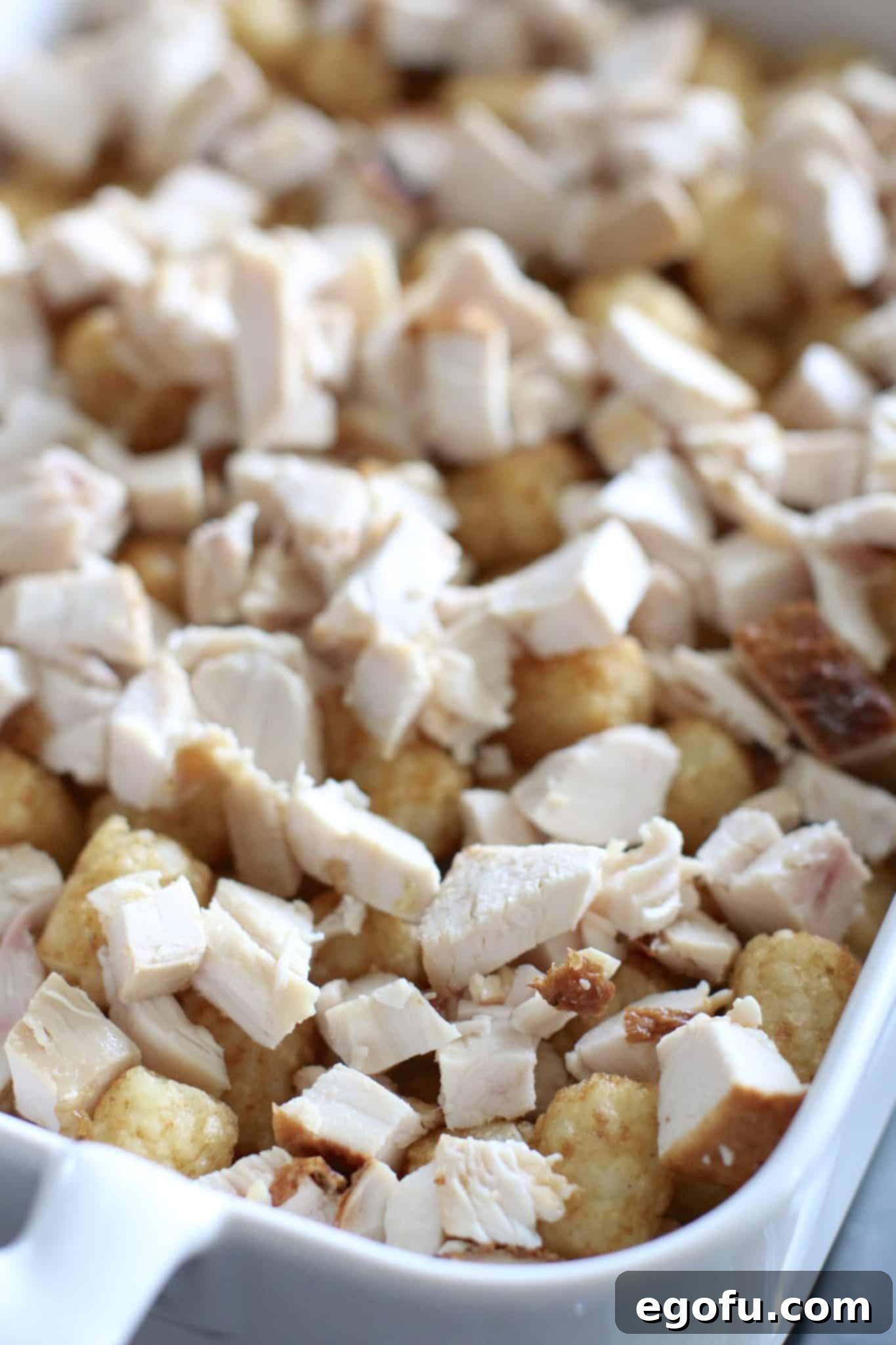 diced rotisserie chicken layered on top of tater tots.