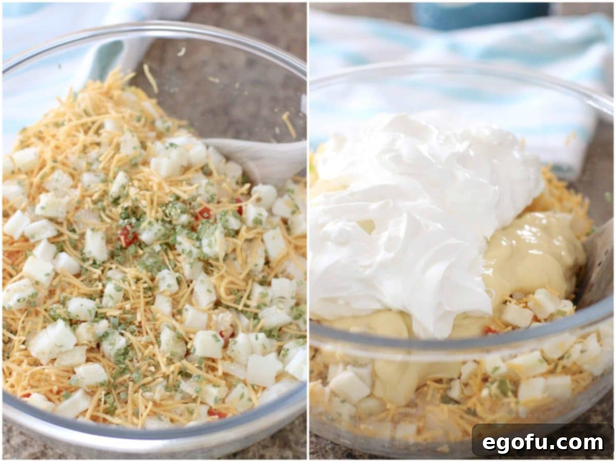 A collage of two photos: diced potatoes, shredded cheese, chives, and seasonings in a bowl; sour cream and cream of chicken soup added to the bowl with potatoes.