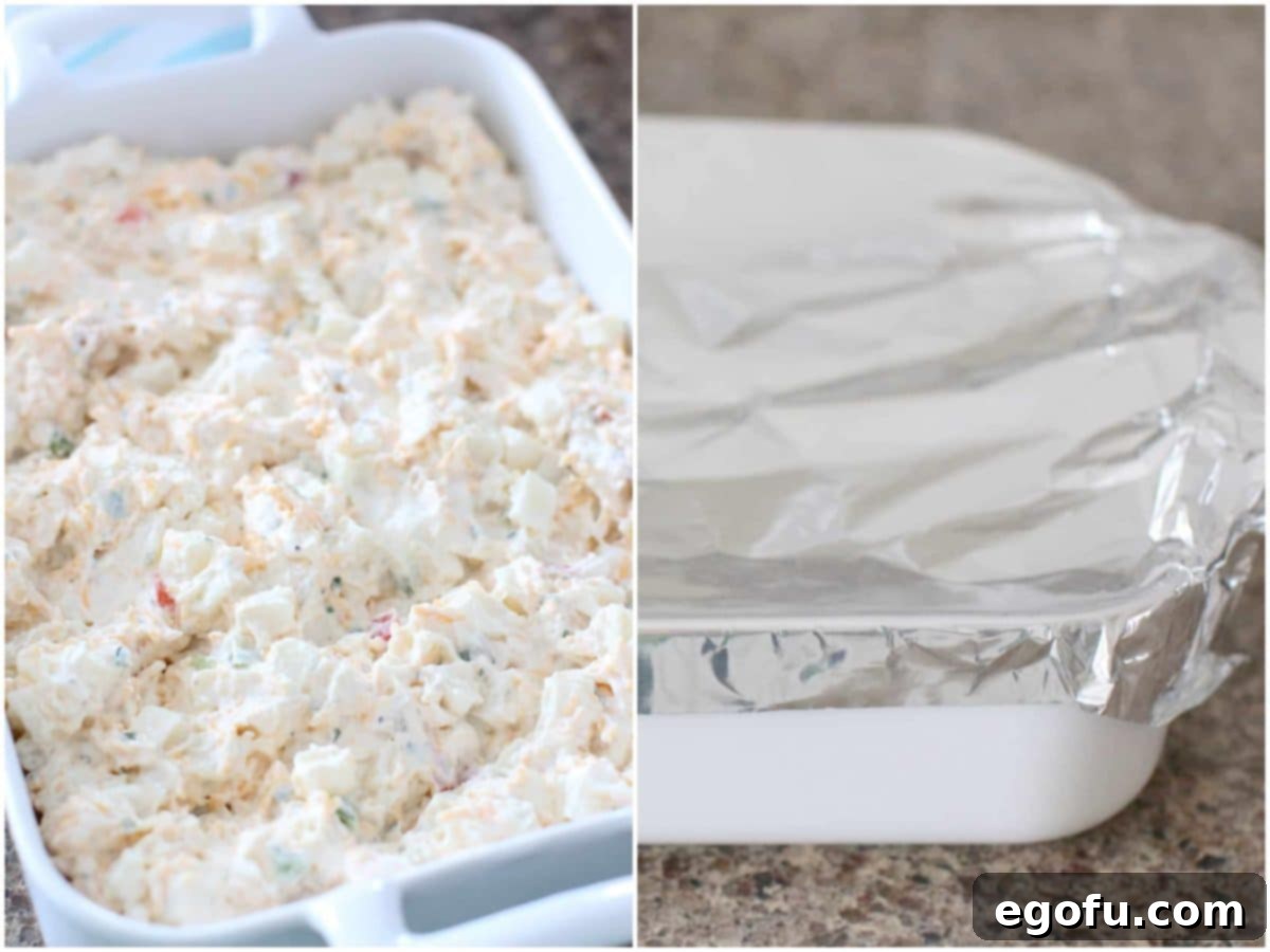 A collage of two photos: potato mixture spread evenly in a baking dish; the baking dish covered with aluminum foil, ready for baking.