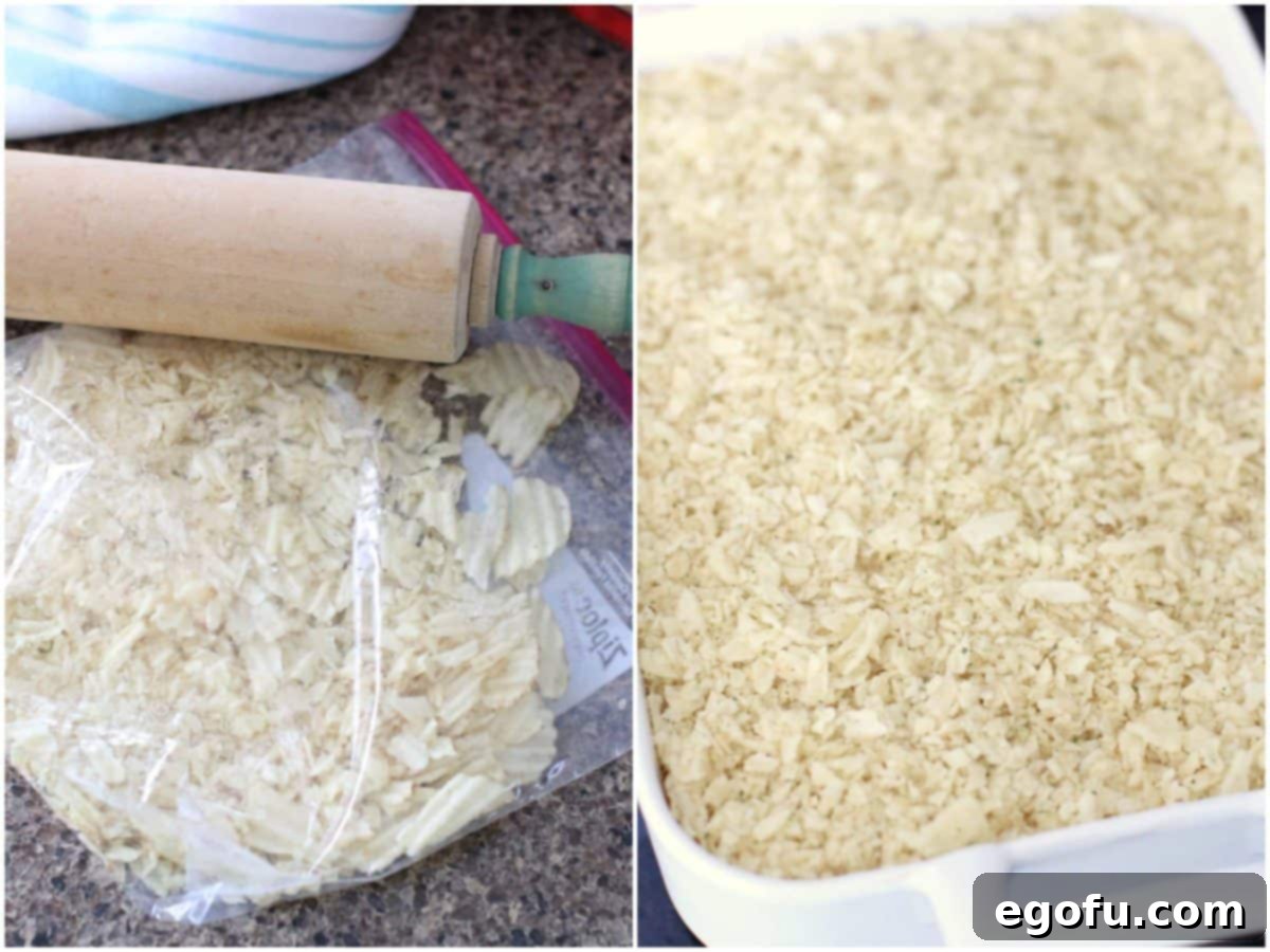 A collage of two photos: crushing potato chips in a bag with a rolling pin; crushed potato chips sprinkled over the hot funeral potatoes in the baking dish.