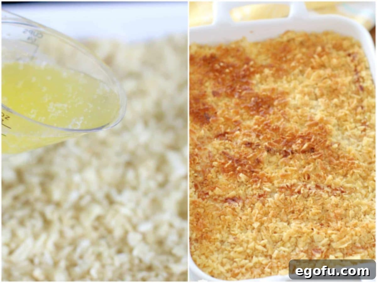 A collage of two photos: pouring melted butter over the crushed potato chips; a fully cooked Funeral Potatoes casserole with a browned and crispy chip topping.