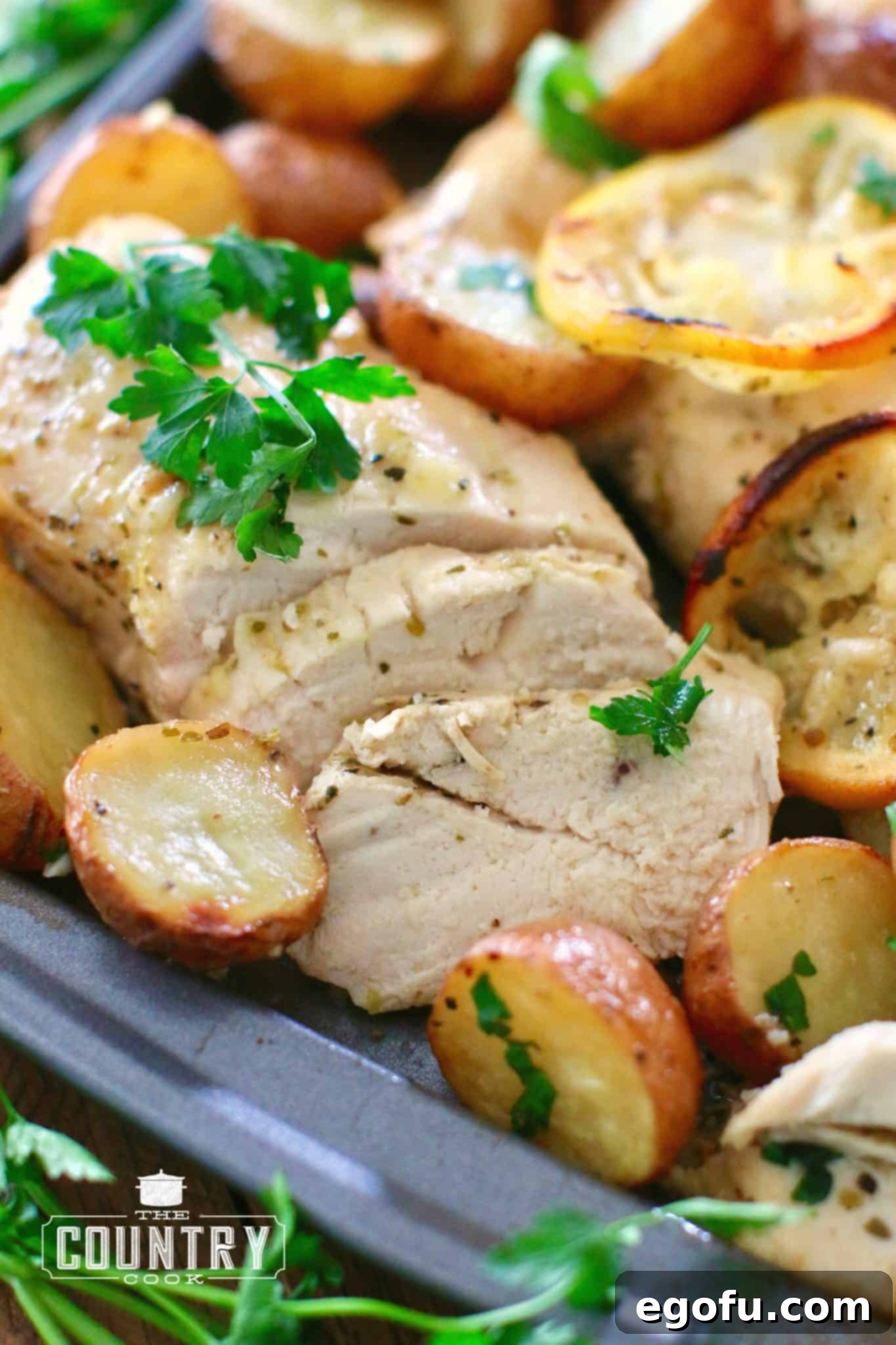 Closeup photo of sliced cooked chicken breast.