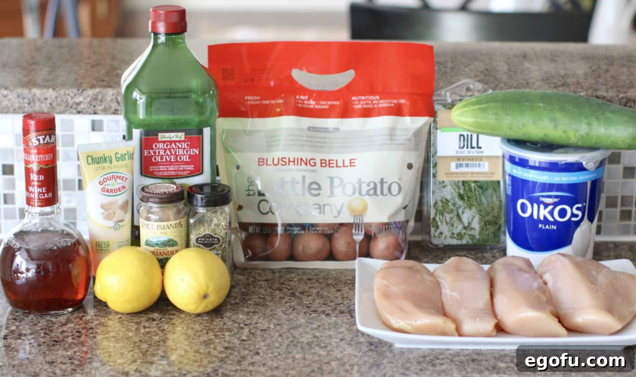 Ingredients needed: baby potatoes, chicken breasts, olive oil, lemon juice, red wine vinegar, garlic, oregano, cilantro