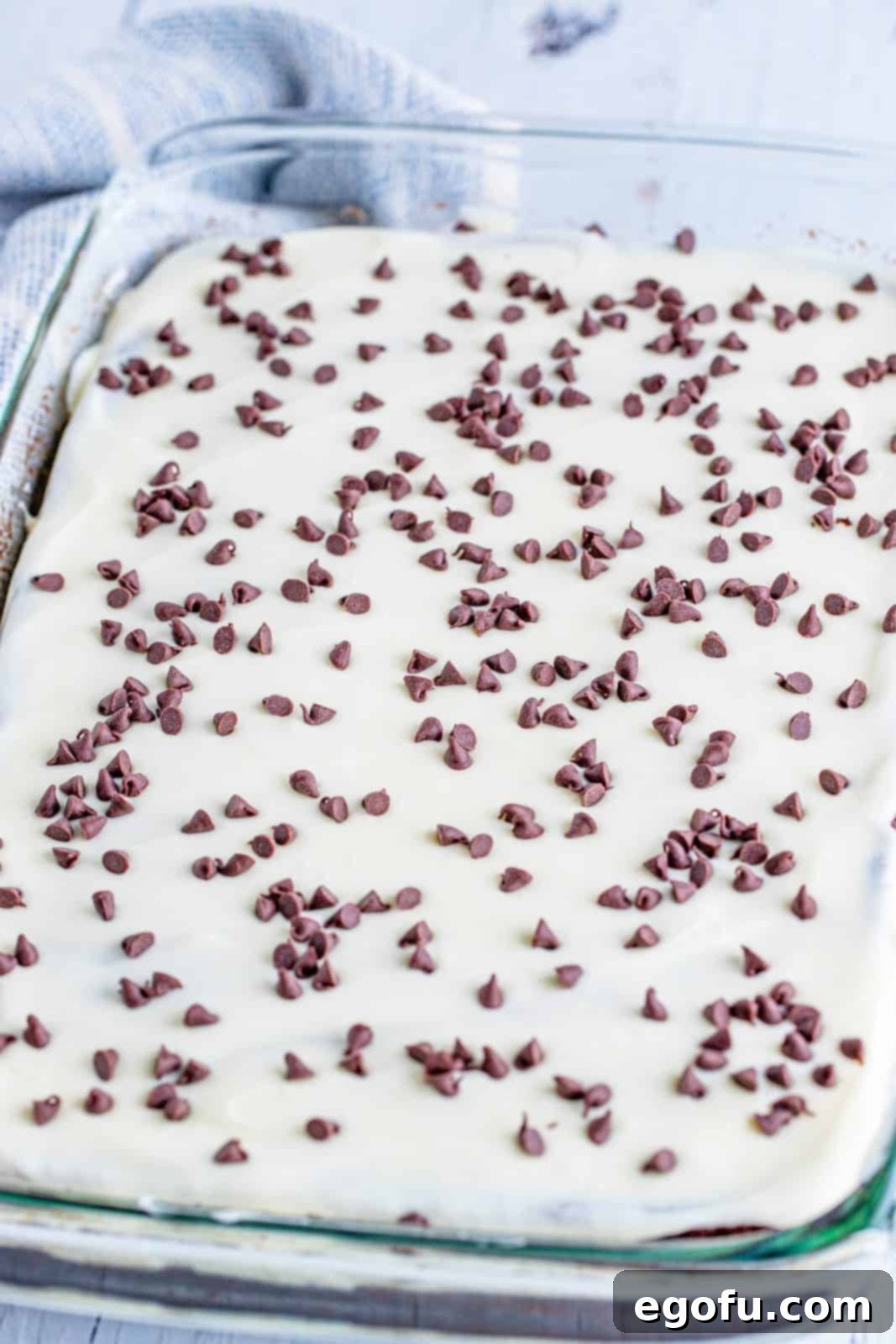 mini chocolate chips sprinkled evenly on top of frosted cake.