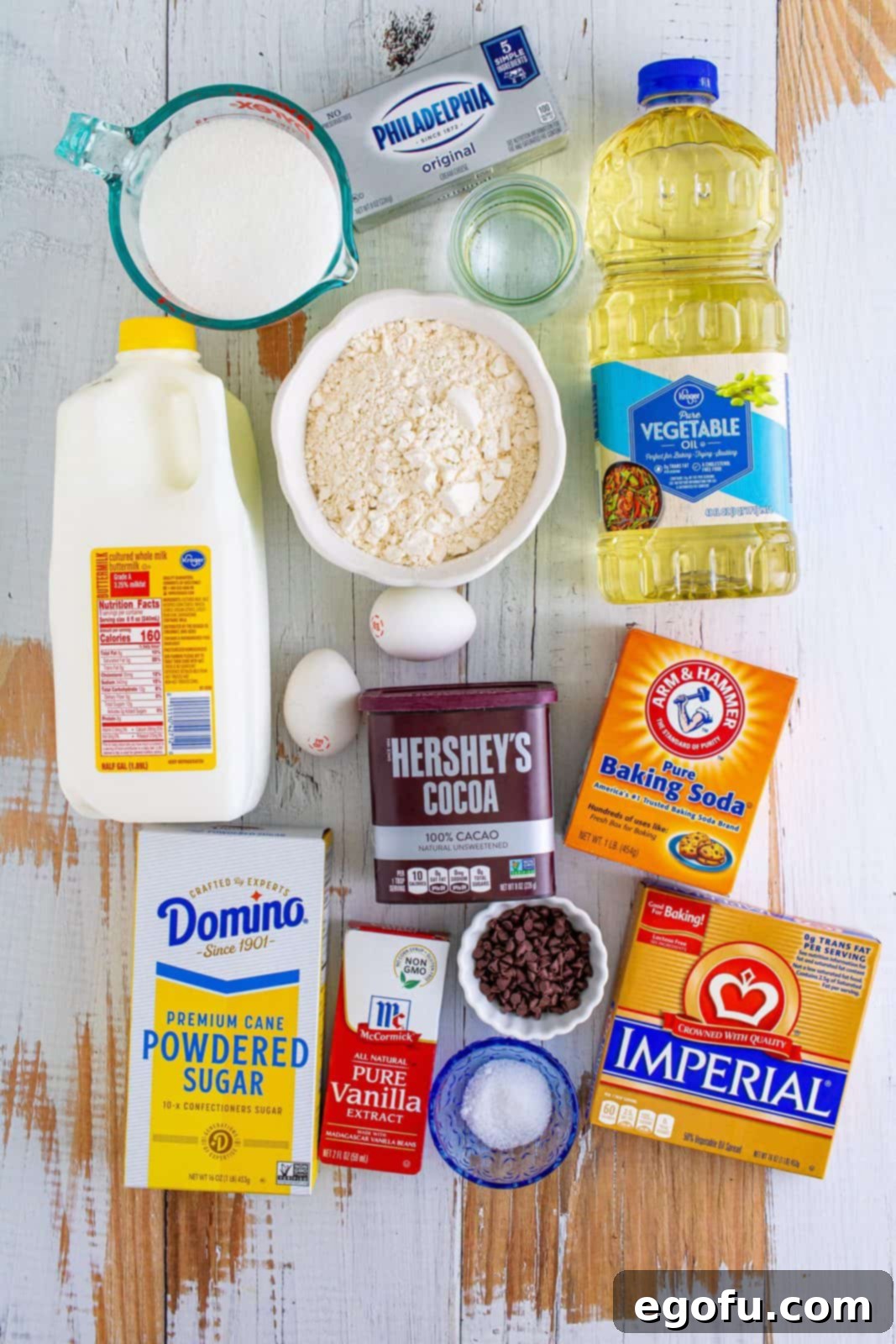 ingredients needed: sugar, flour, baking soda, salt, cocoa, oil, eggs, buttermilk, water, margarine, cream cheese, powdered sugar and vanilla extract. 