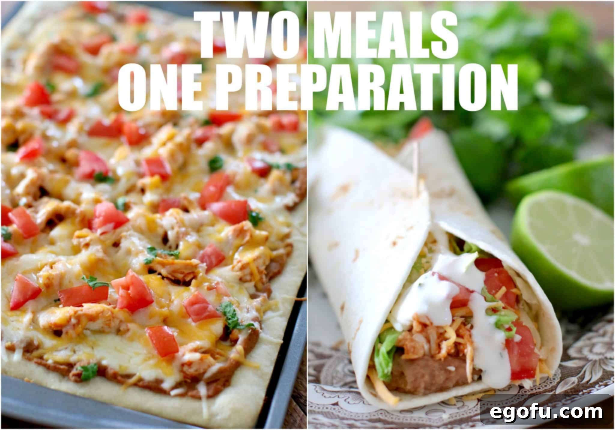 Flavorful Chicken Taco Pizza alongside fresh Chicken Tacos, both featuring a delectable secret sauce, perfect for easy meal prep.