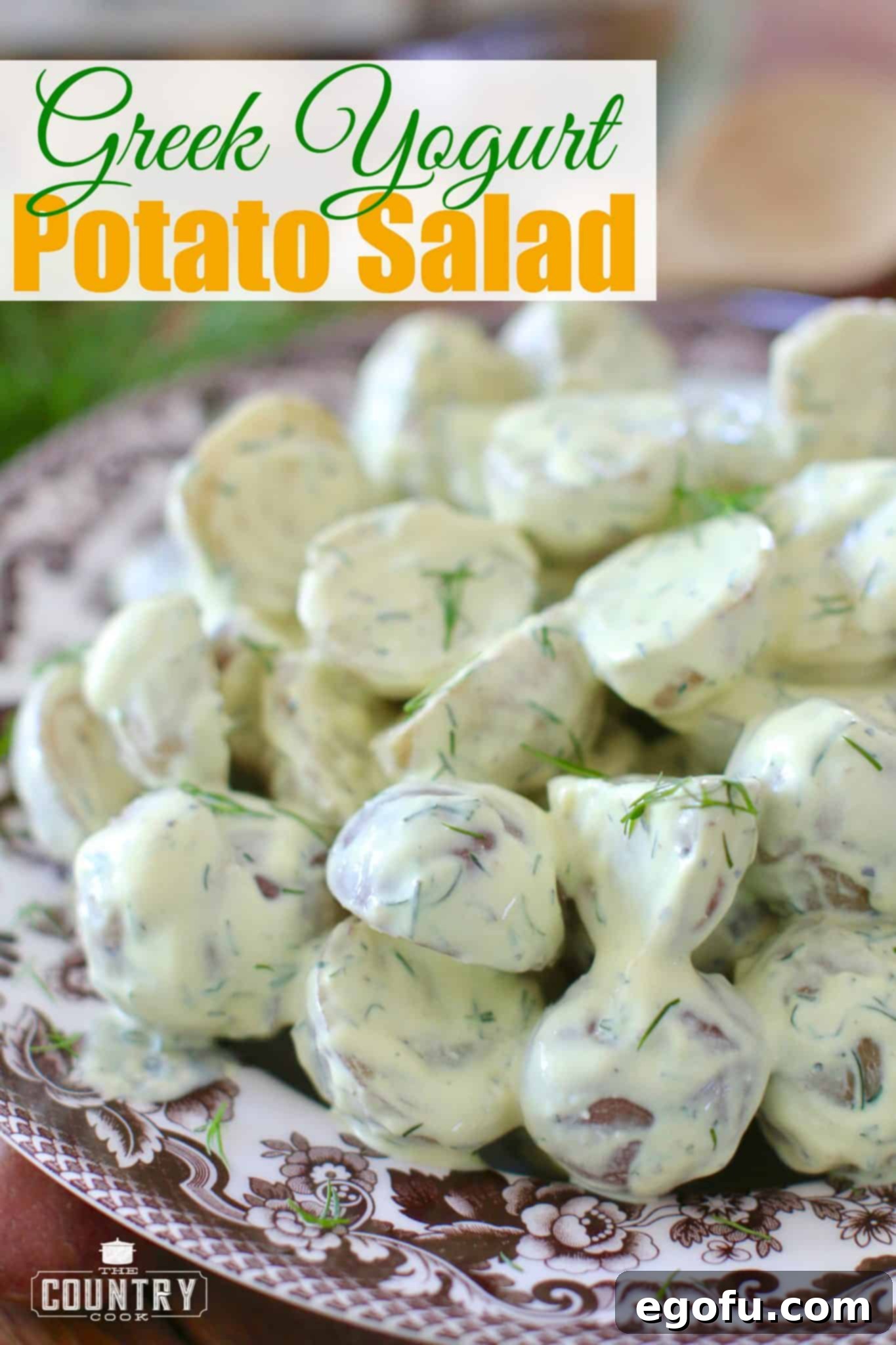 Close-up of Greek Yogurt Dill Potato Salad showing texture and fresh dill