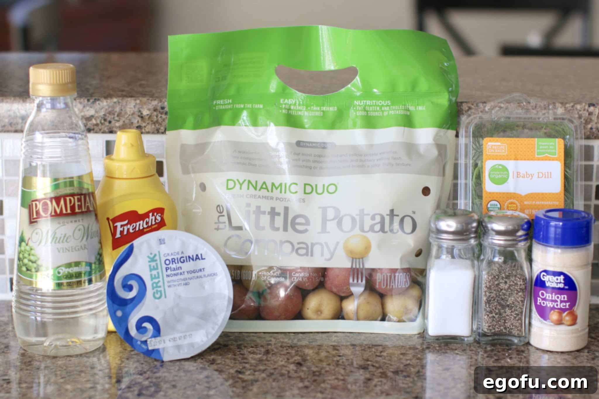 Ingredients for Greek Yogurt and Dill Potato Salad laid out