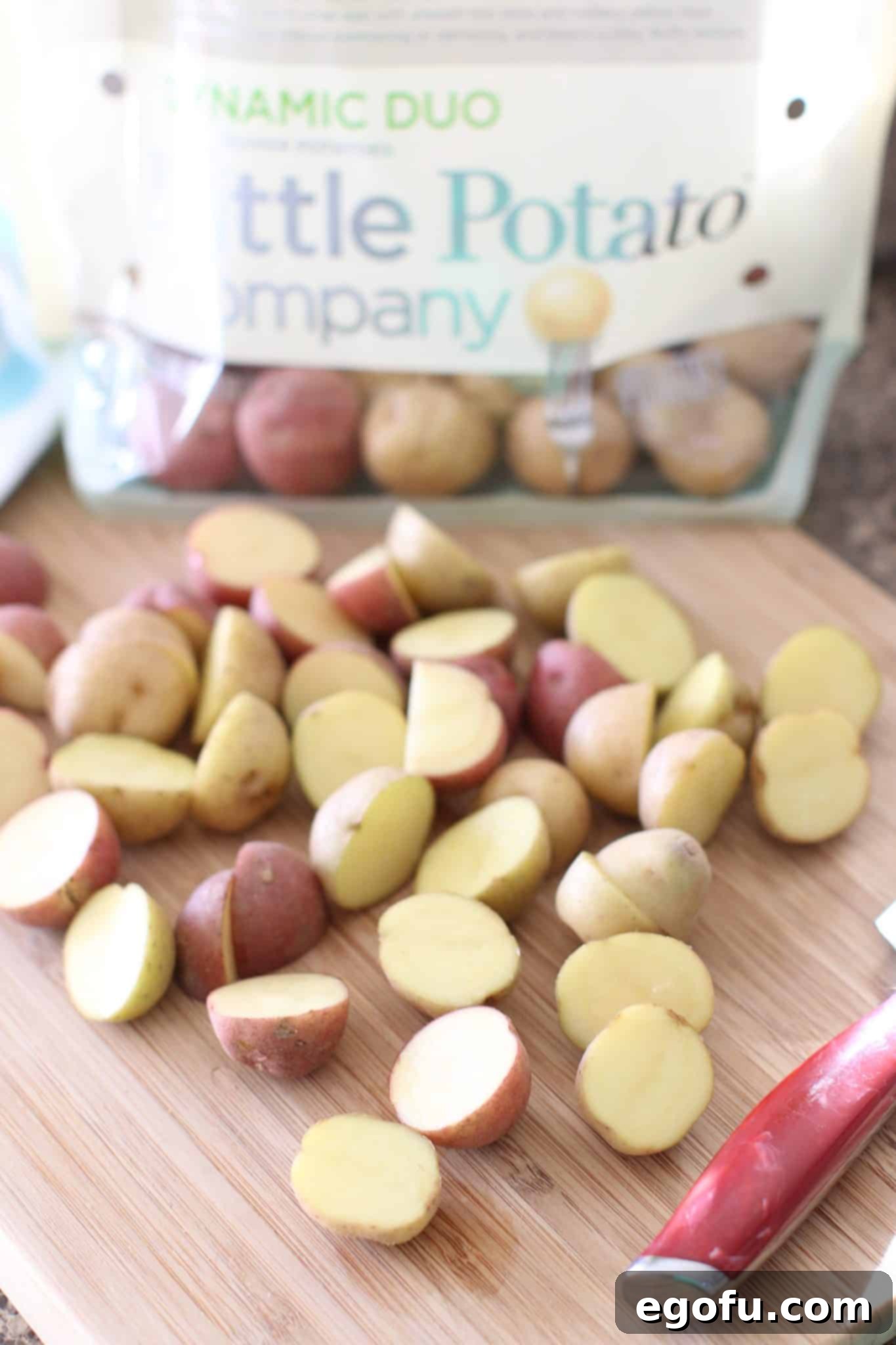 Baby potatoes sliced in half