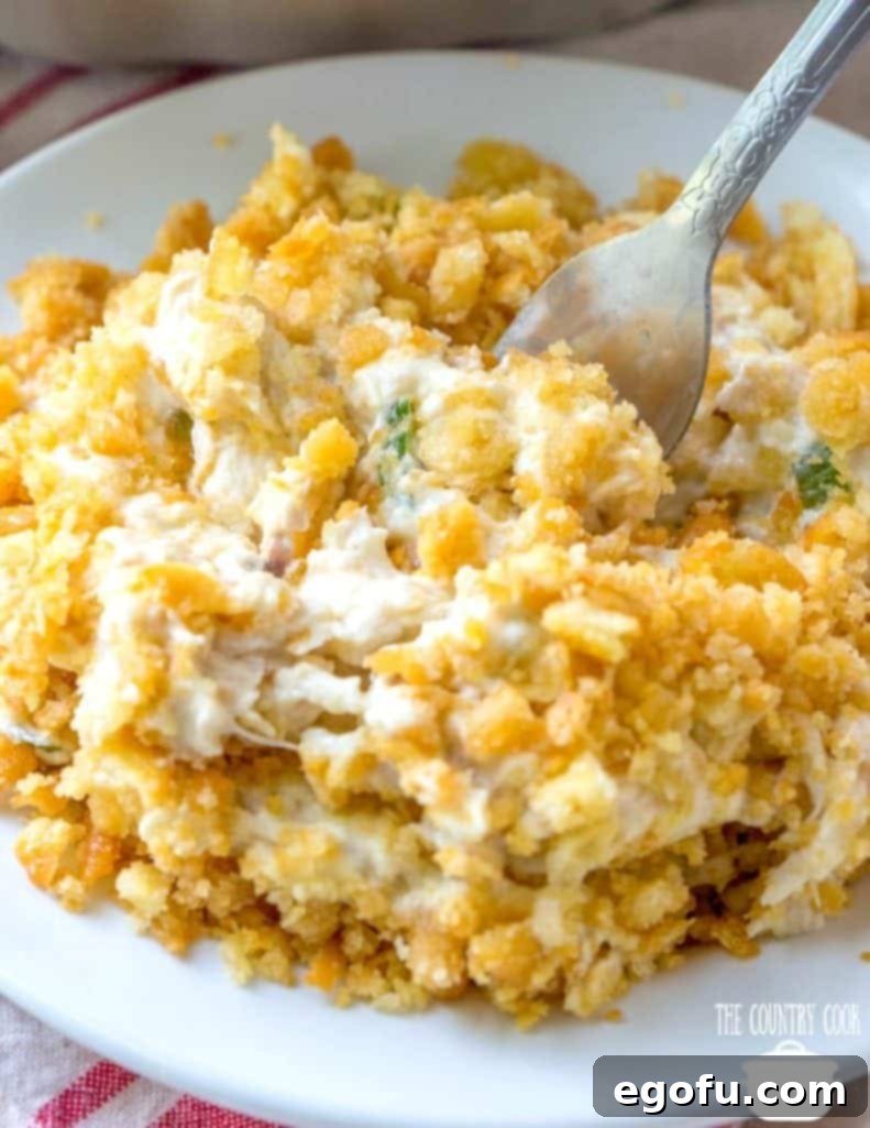 Creamy Ritz Chicken Casserole on a white plate, showcasing its golden-brown topping and rich, bubbly interior. A fork takes a perfect bite.