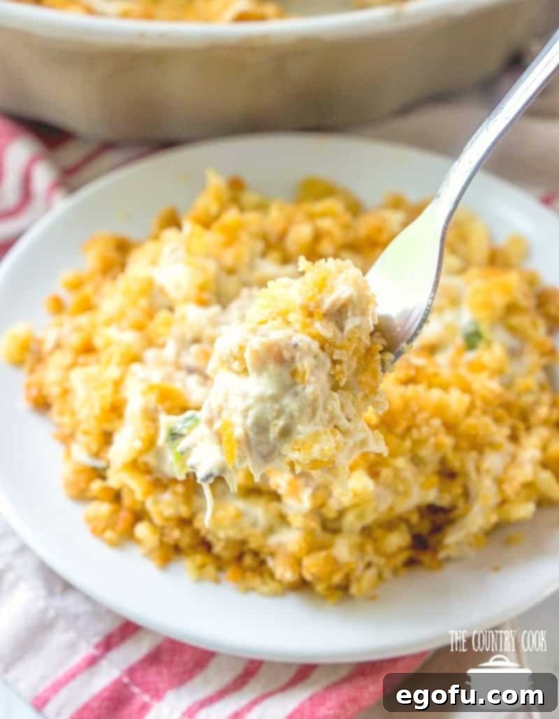 A close-up shot of Ritz Chicken Casserole on a white plate, with a fork lifting a perfect bite. The golden-brown cracker topping is prominent.