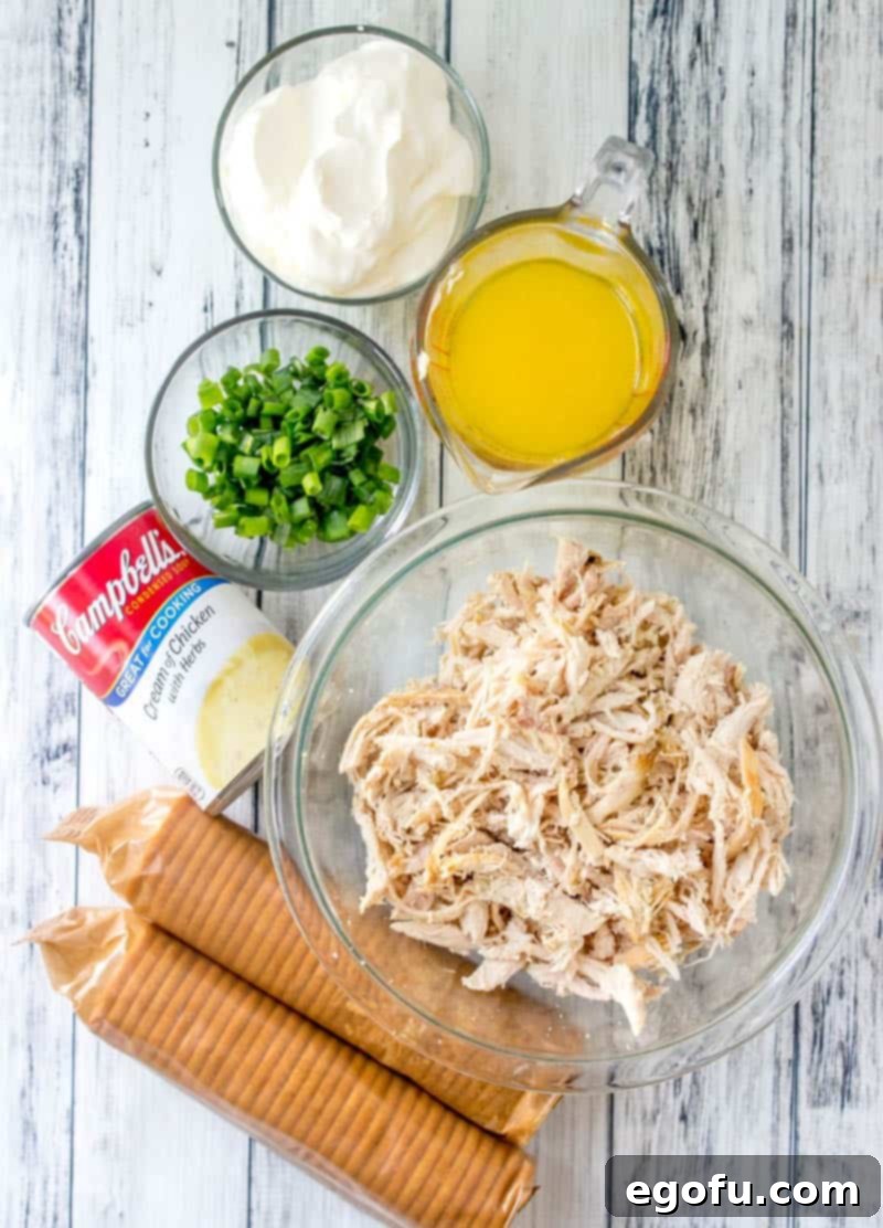 Individual ingredients neatly displayed for Ritz Cracker Chicken Casserole: shredded rotisserie chicken, a can of cream of chicken soup, a container of sour cream, crushed Ritz crackers, and a bowl of melted butter.