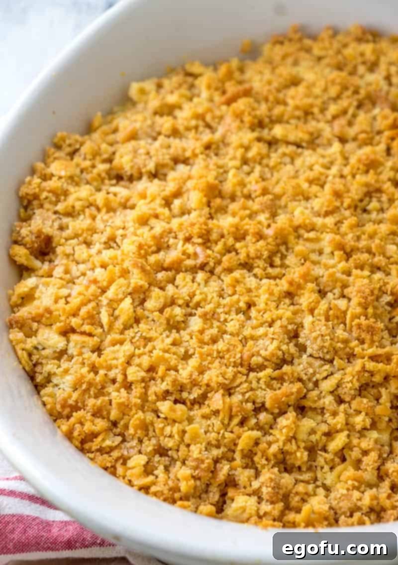 A perfectly baked Ritz Chicken Casserole recipe, golden brown and bubbly, fresh out of the oven.