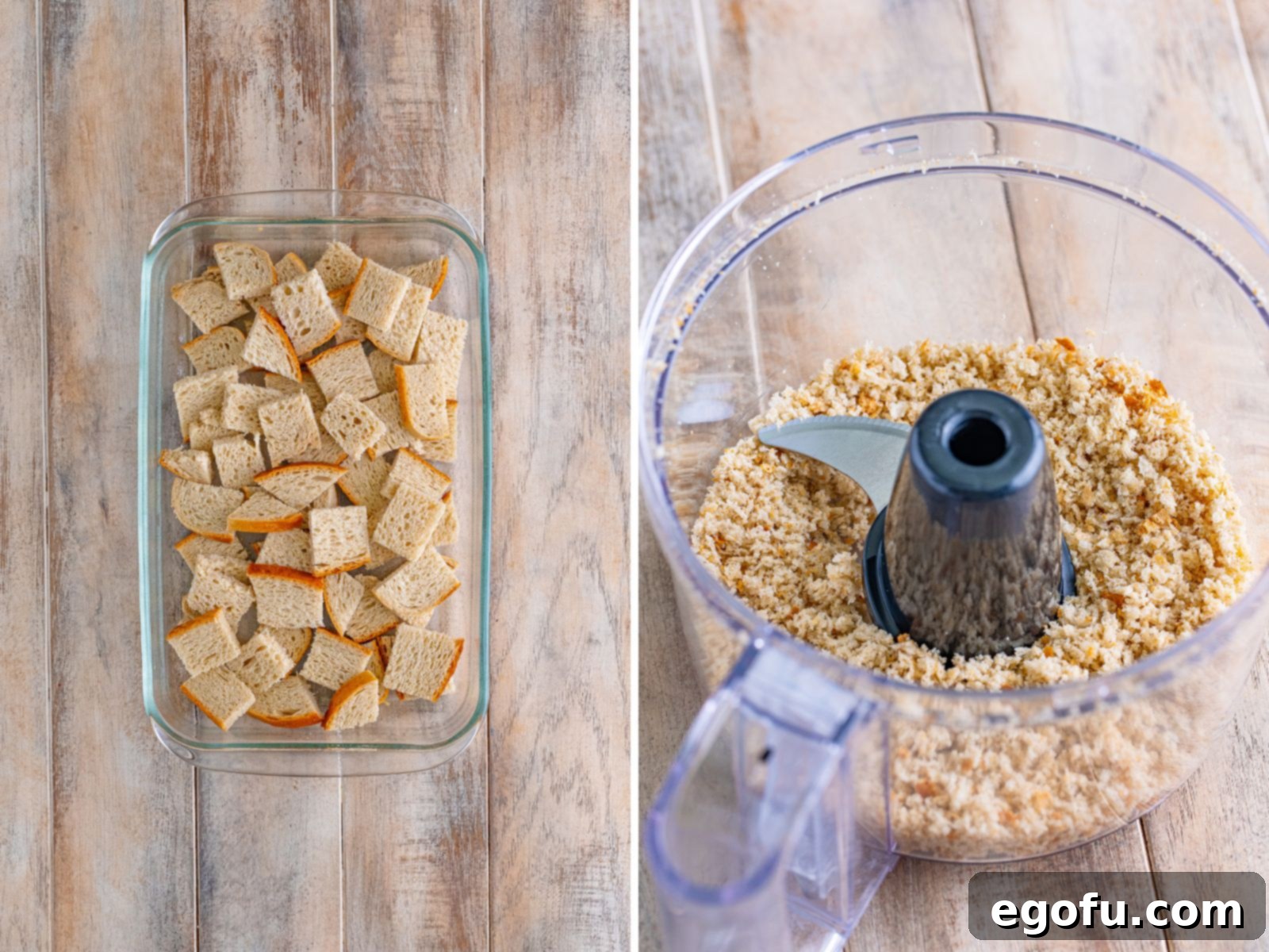 A collage of images with a baking dish filled with bread cubes and a food processor filled with bread crumbs.