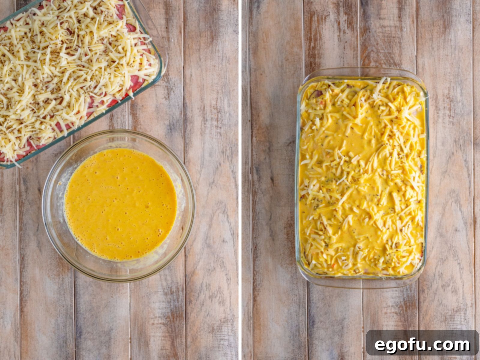 A mixing bowl with milk, eggs, thousand island dressing and mustard. And then a baking dish layered with a Reuben Casserole with the sauce mixture poured on top.