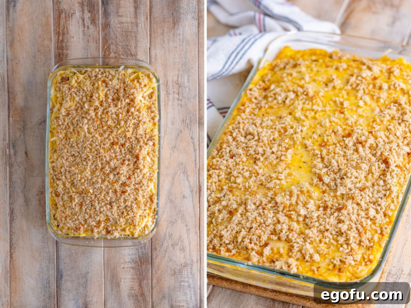 A layered Reuben Casserole before it gets baked then a freshly baked Reuben Casserole just out of the oven.