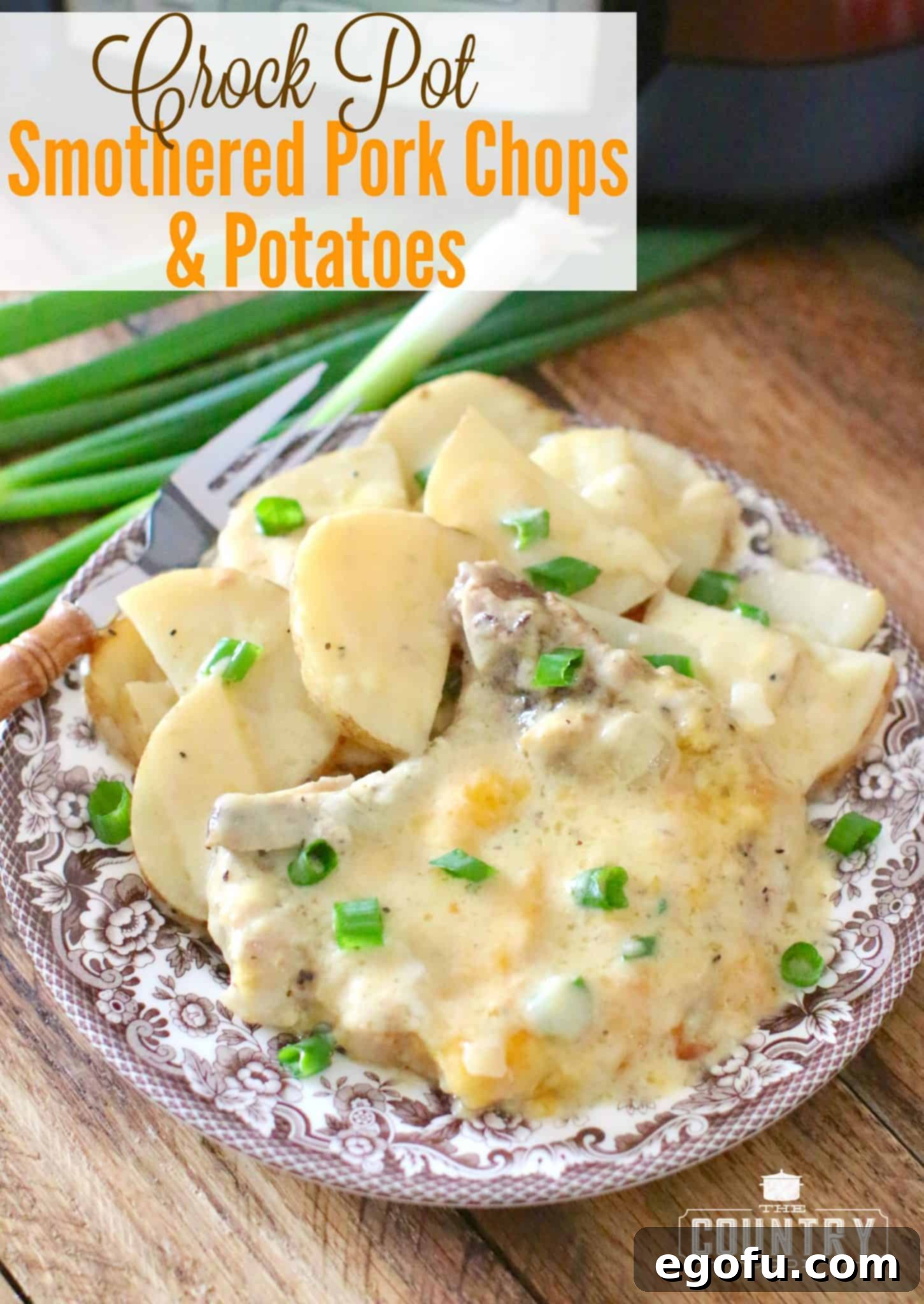 Crock Pot Smothered Pork Chops and Potatoes with a creamy sauce and cheesy potatoes