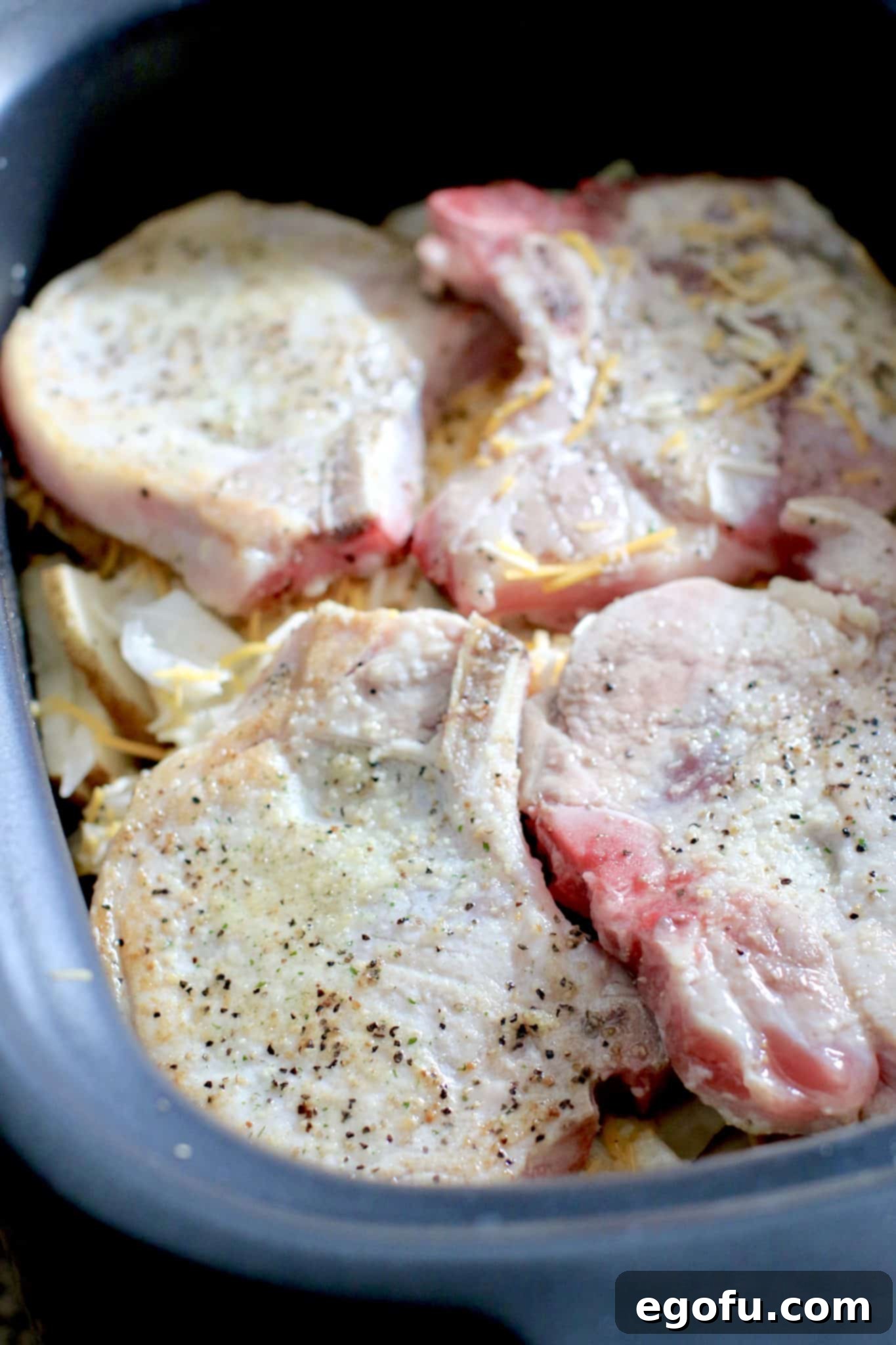 Browned pork chops layered on top of cheese and potatoes in the slow cooker