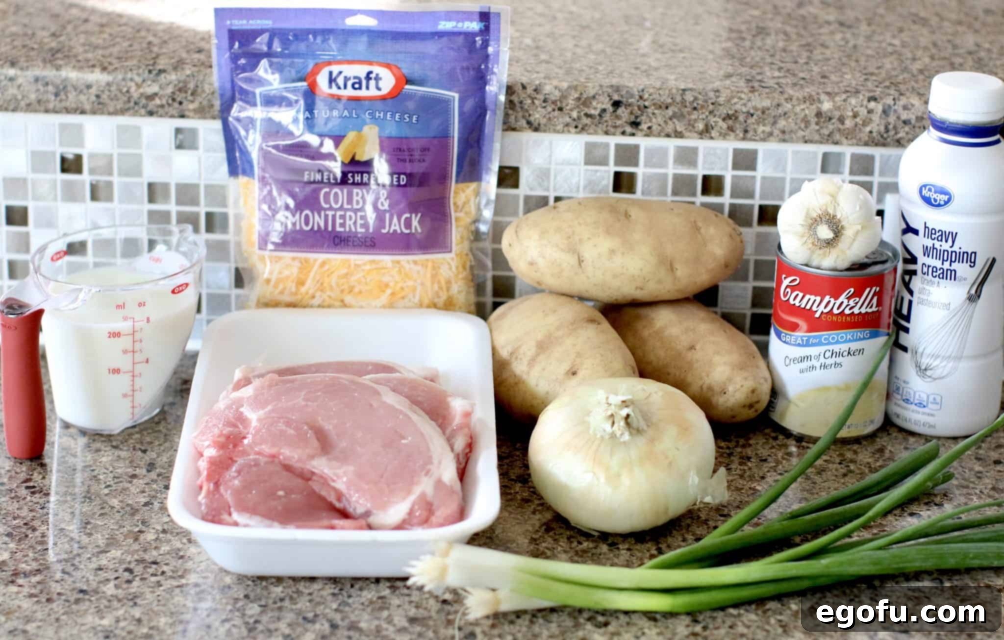 Ingredients laid out for Crock Pot Smothered Pork Chops and Potatoes recipe