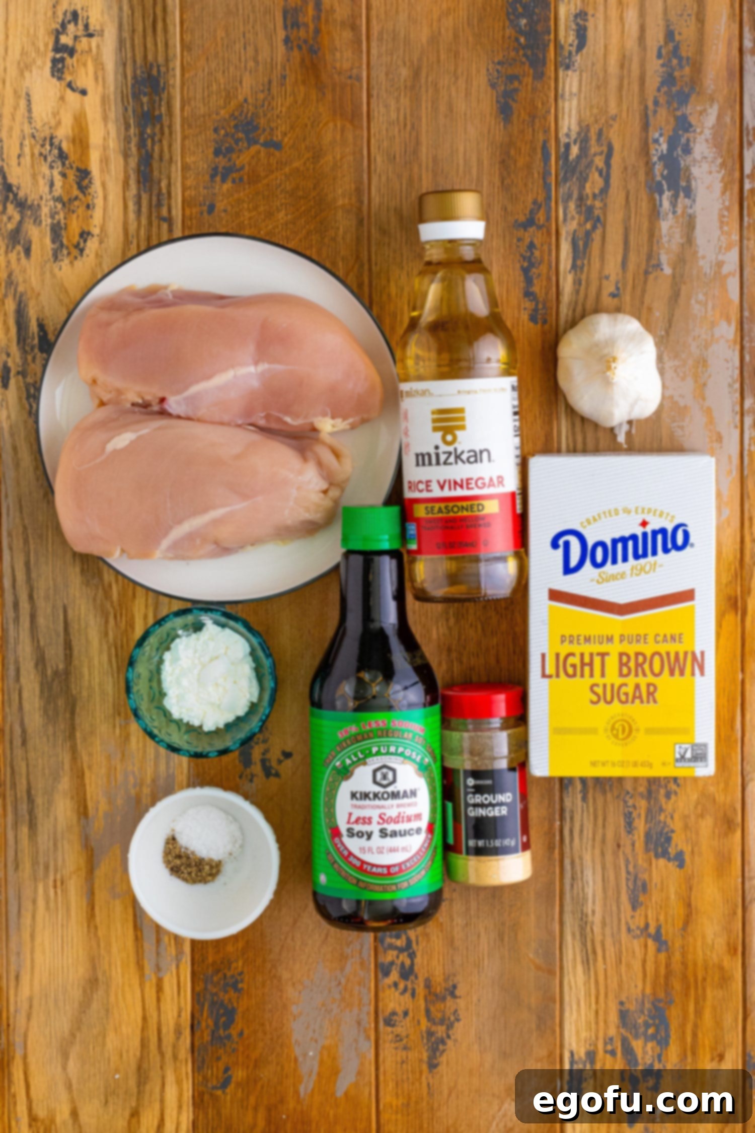 Effortless Teriyaki Glazed Chicken 4 Chicken breasts, rice vinegar, light brown sugar, low sodium soy sauce, salt, pepper, ground ginger, and garlic.