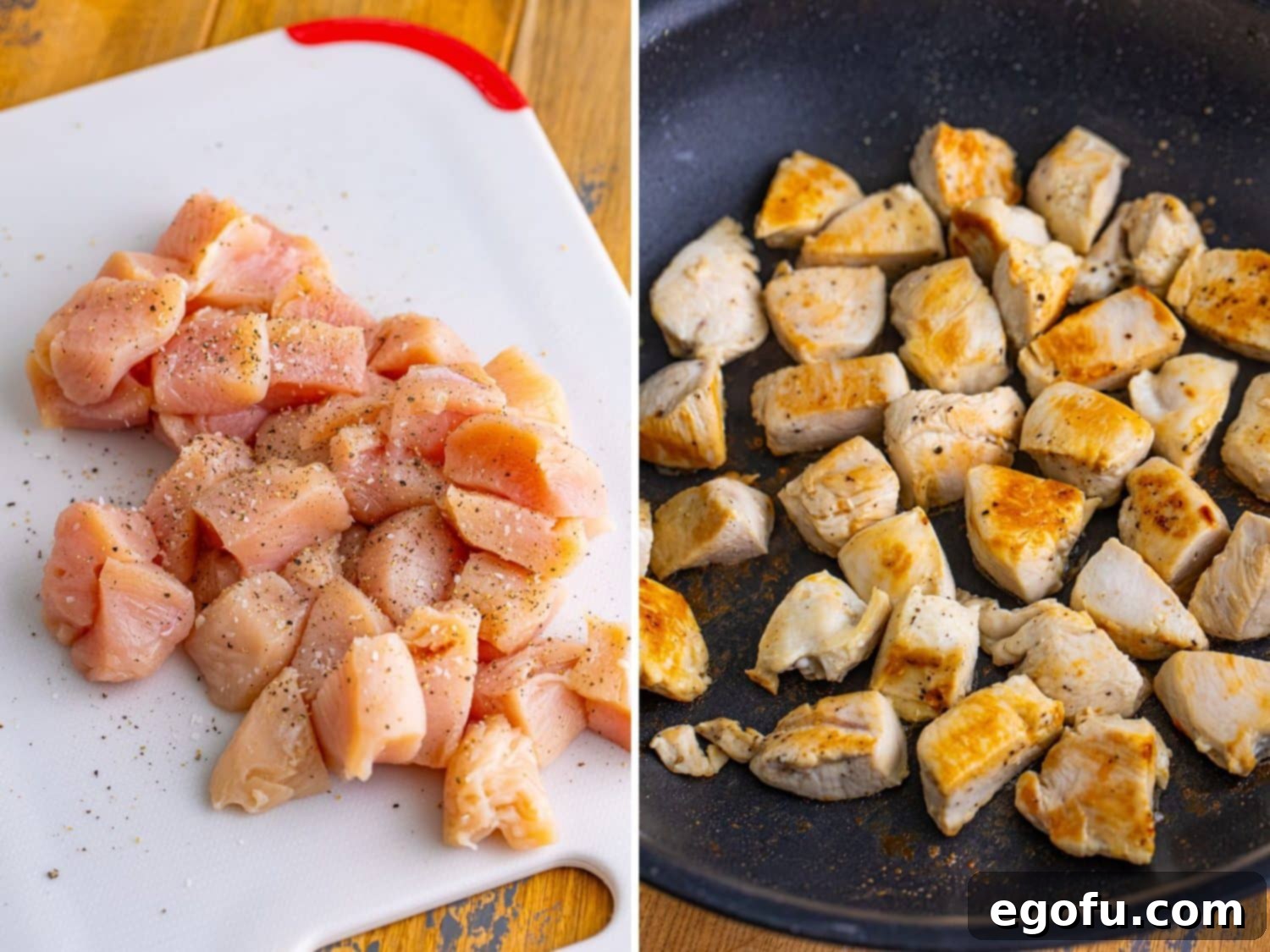 Effortless Teriyaki Glazed Chicken 5 A cutting board with seasoned raw chicken pieces and a skillet with seasoned cooked chicken pieces.
